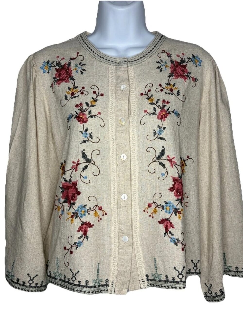 Solitaire Linen Blouse Crop Top Size L Ivory Floral Crochet 3/4 Bell Sleeve Boho